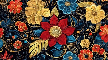 A vibrant floral design featuring intricate patterns and bold colors on a dark background.