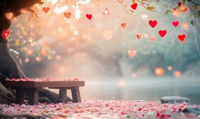 Romantic wooden bench under a tree with heart decorations and rose petals by a calm lake. Soft bokeh lights and dreamy atmosphere. Valentine's Day and love celebration concept. 