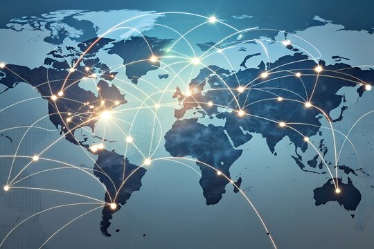 Global Network Connections: World Map with Luminous Data Streams - Modern Technology Visual