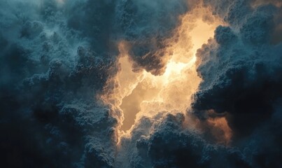 Dramatic cloudscape, glowing light breaking through dark stormy clouds;  heavenly, ethereal, textured, moody atmosphere.