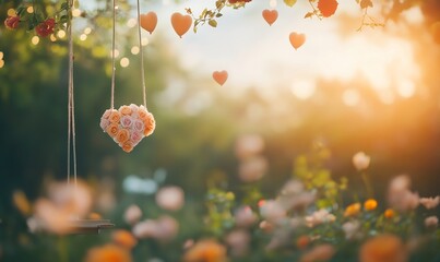 Romantic heart-shaped floral arrangement hanging on a garden swing with heart decorations and glowing sunset light. Dreamy bokeh background with blooming roses. Valentine's Day and love celebration