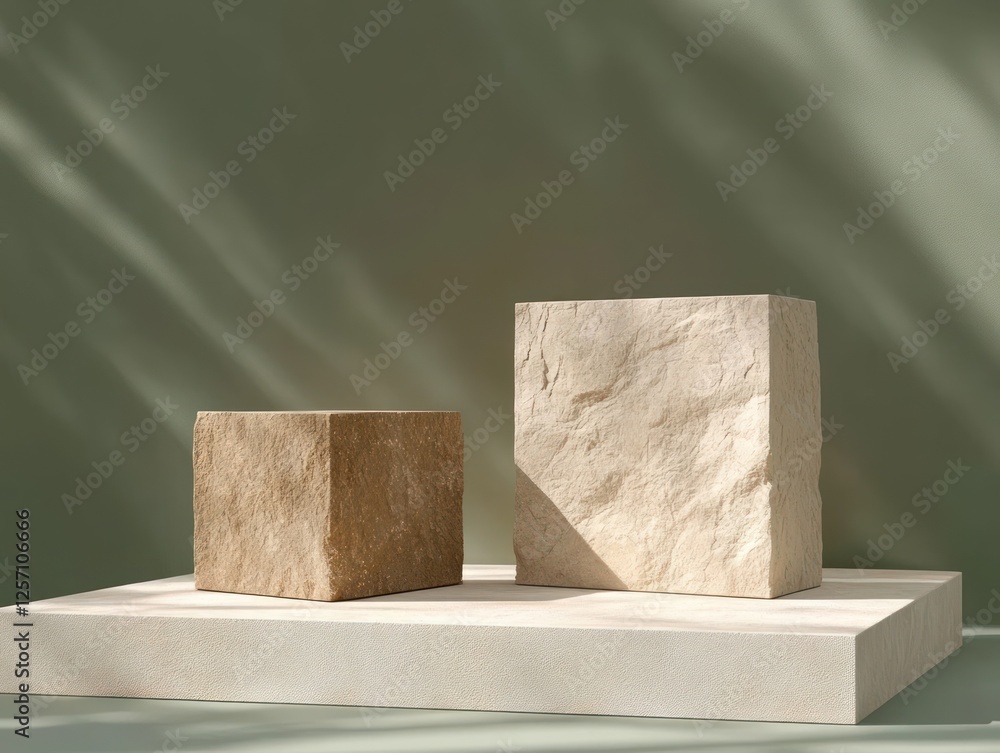 Poster minimalist still life composition with three textured blocks on beige surface with natural lighting 
