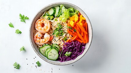 Colorful shrimp noodle bowl with assorted vegetables.