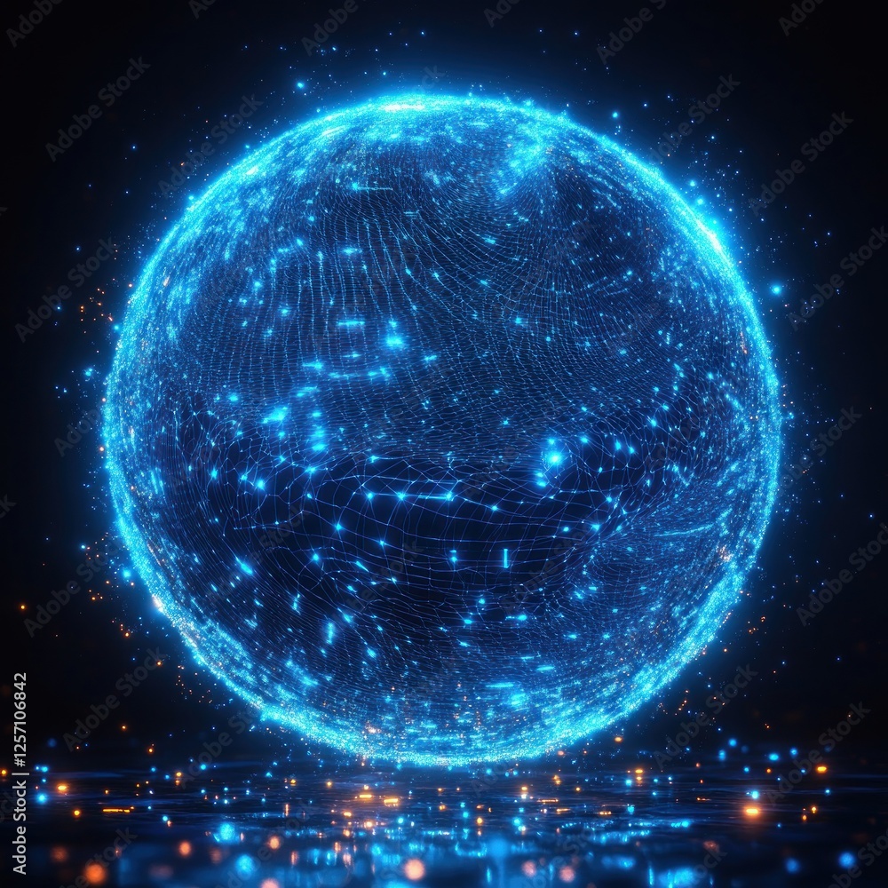 Poster Glowing Blue Sphere with Intricate Lines and Particles in Cyberpunk Style Ambient Light Design