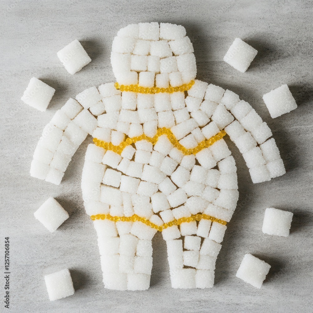 Poster creative arrangement of sugar cubes forming a fun character in a unique display illustrating sweetne