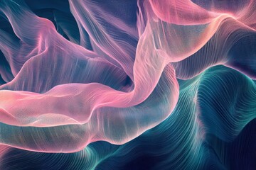 Fototapeta premium Fine mesh highlights enhance the glow of blush pink and aqua frequency waves cascading on a deep dark petrol blue background.