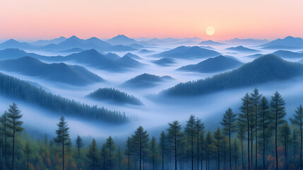 Obraz premium Misty Mountain Sunrise Landscape Illustration - Fog, Forest, Trees, Moon, Sky, Blue, Dawn, Nature, Scenery