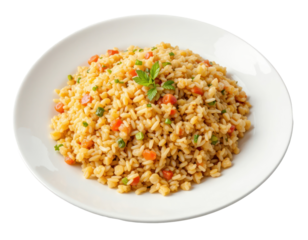 Nasi goreng or fried rice, served on a ceramic plate. Fried rice mixed with carrots and other vegetables. Indonesian food. Isolated on transparent or white background