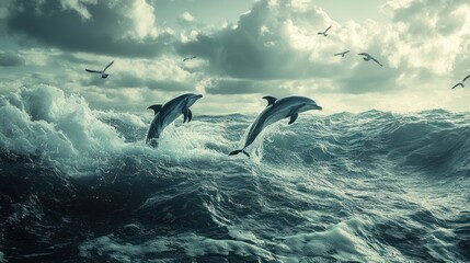 Naklejka premium Dolphins leaping ocean waves stormy sky wildlife