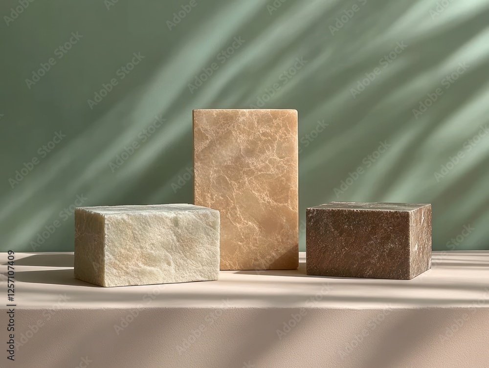 Poster Minimalist Still Life Composition with Textured Blocks on Soft Beige Surface and Muted Green Backdrop