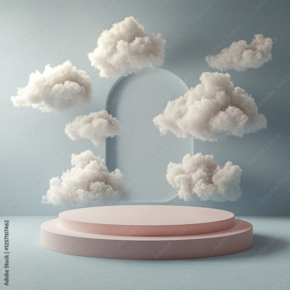 Poster Minimalist Abstract Podium with Floating Platform and Clouds for Product Display