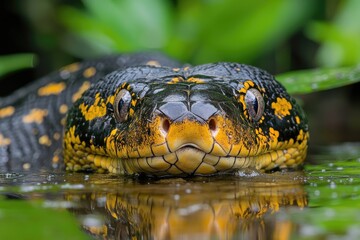 Obraz premium Close-up of yellow-spotted anaconda in water
