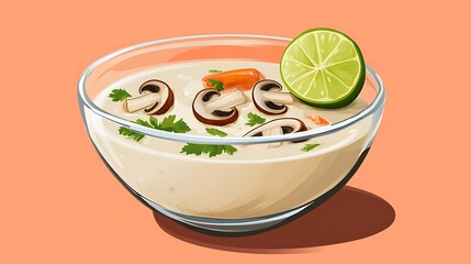 Creamy mushroom soup in a glass bowl, garnished with lime and cilantro.