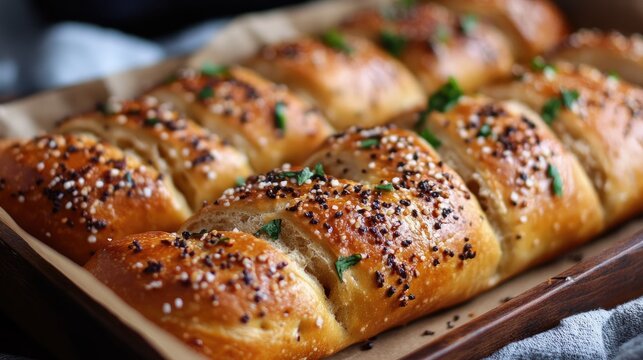 Homemade pull apart bread loaf sprinkled with everything bagel seasoning baking in wooden tray