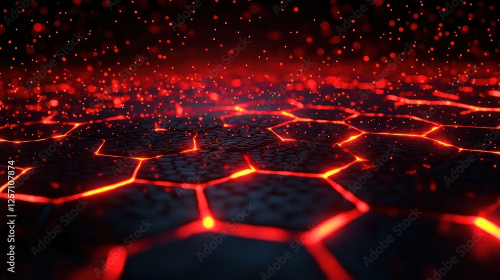 Poster futuristic hexagonal mesh structure with dynamic red flames and backlighting