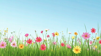 Fototapeta premium Colorful Wildflowers Blooming in a Lush Green Meadow Under Clear Sky