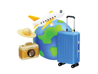 travel suitcase with travel icons 3d. Travel the World plane icon illustration 3d