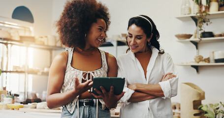 Workshop, women and smile with tablet for pottery, design inspiration and verification for order. Small business, startup and people as artisan with scroll for clay ecommerce, track inventory or team