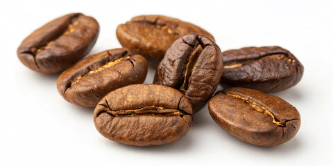 Obraz premium Coffee beans, macro photography, high detail, warm tones, textured surface, roasted, aromatic, organic, whole beans, shallow depth of field, studio lighting, food photography, gourmet, rich brown