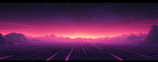 Retro Futuristic Vaporwave Landscape with Neon Lights and Stars in Purple Sky