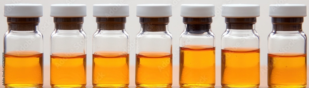 Aufkleber assorted glass vials filled with amber liquid arranged in a neat row on a clean surface, showcasing 