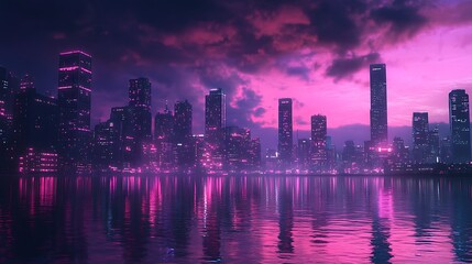 Fototapeta premium Futuristic city skyline at sunset, reflecting in calm water, pink and purple neon lights.