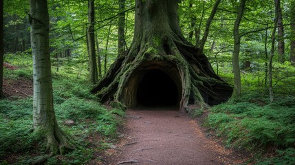 Enchanted forest scene featuring a large tree with a hollow entrance surrounded by lush greenery