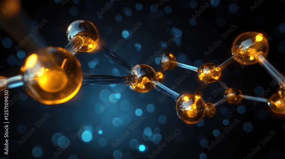 Poster futuristic molecular structure design with yellow spheres and transparent bonding illuminated by blu