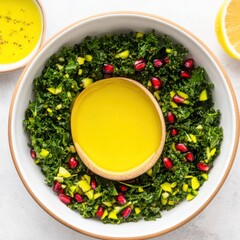 Fresh Kale Salad with Pomegranate Seeds and Olive Oil in a Bowl Surrounded by Fresh Ingredients and Lemon Slices on a Light Background