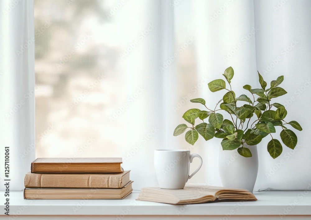 Aufkleber Minimalist Interior Design with Soft Natural Lighting and a Stack of Books and White Cup on Empty Wall