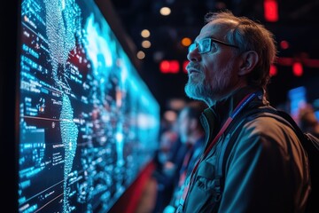 Senior software engineer analyzing global data flow on big digital screen in futuristic monitoring room