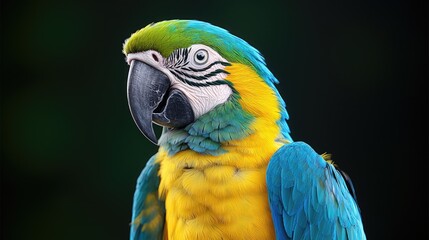 Blue-gold macaw portrait, dark background, wildlife