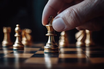 Chess Strategy Game Hand Playing Golden Pawn on Dark Wooden Board Capturing Business Competition Leadership