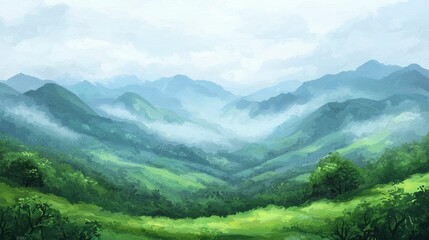 Obraz premium Serene Landscape of Misty Mountains and Lush Green Valleys Under a Soft Sky