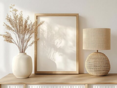 Horizontal poster mockup with beige wooden frame dried flowers in vase woven lamp on warm white background minimalist interior design