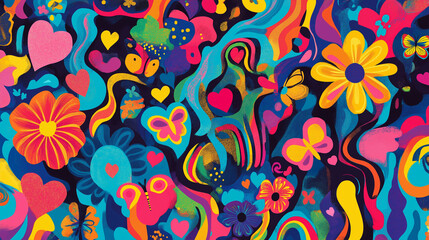 Naklejka premium Groovy Colorful Pattern with Hearts, Flowers, and Butterflies – Vibrant Rainbow-Inspired Design Featuring Wavy Lines, Retro Aesthetic, and Playful Elements for Creative Projects and Backgrounds