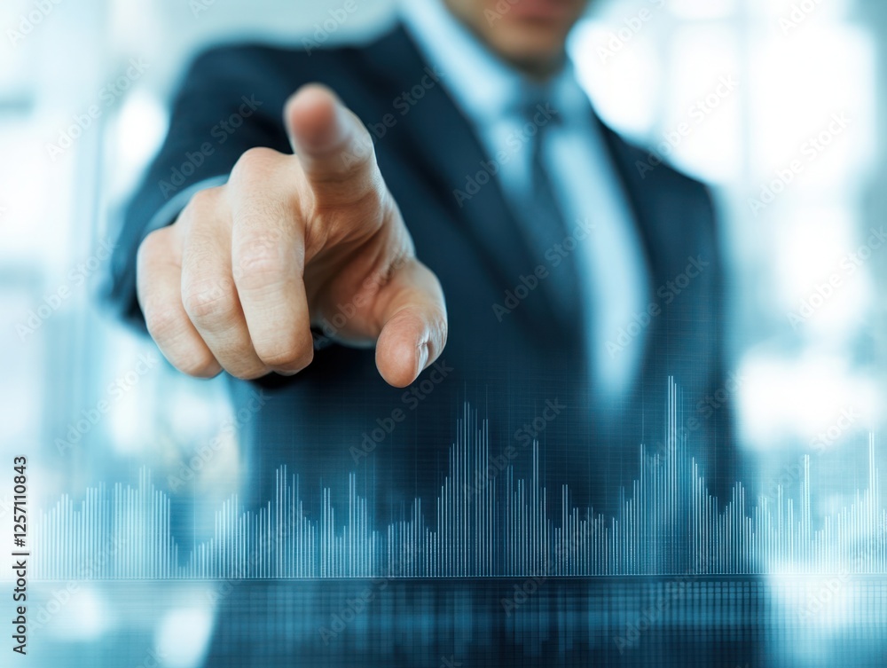Poster businessman in suit pointing at charts data with focused expression for professional finance and ana