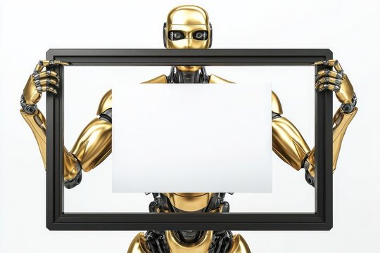 A gold humanoid robot, matte arms, modern aesthetic, holds a white sheet in a sleek black frame, isolated on white.