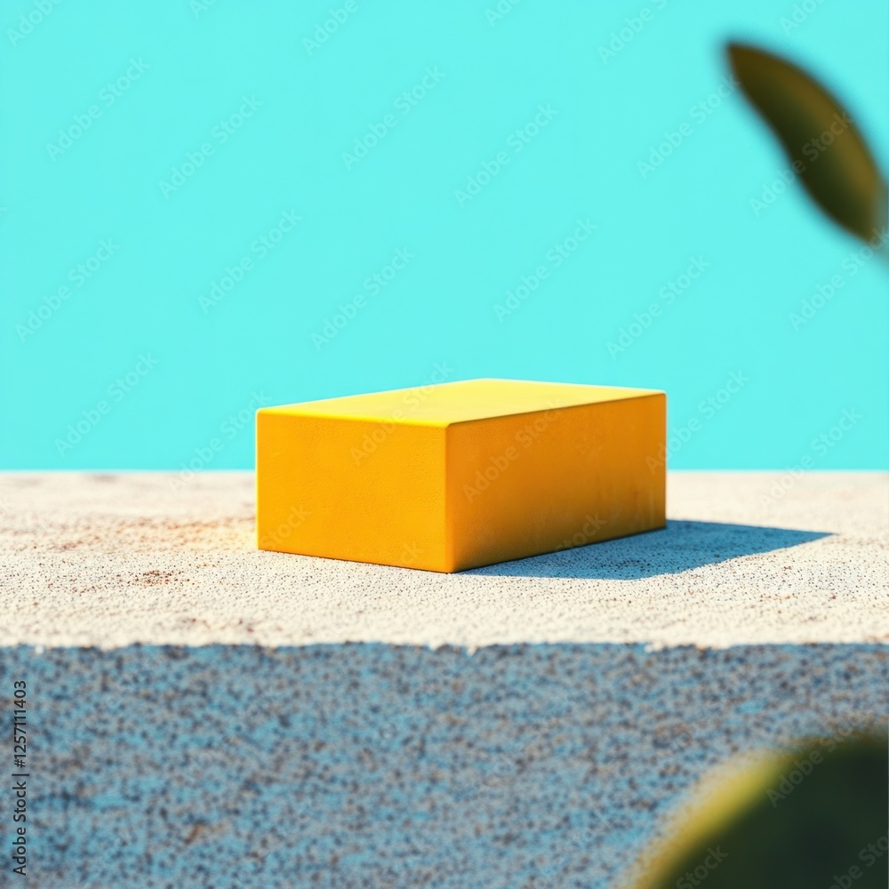Poster minimalist still life composition with yellow block on sandy surface and blue background