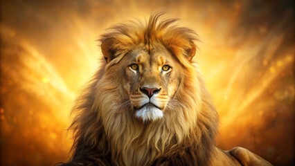 Fototapeta premium Majestic Lion Gazing Intently with Golden Mane and Fiery Background