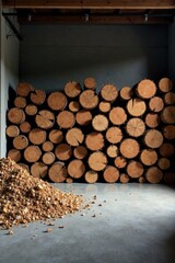 A pile of wood rounds stacked against a wall, with wood shavings scattered on the floor
