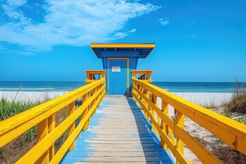 Yellow and blue lifeguard tower on clearwater beach, florida