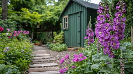 Lush garden pathway with vibrant flowers and green shed
