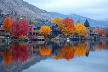 Obraz premium Vibrant autumn foliage reflecting on tranquil lake