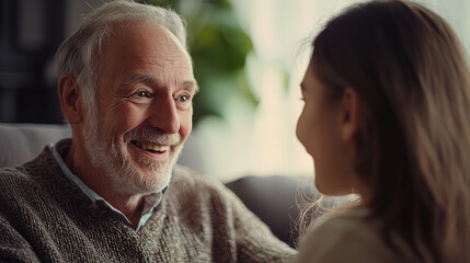Fototapeta premium Elderly man smiling while having a conversation with a young woman at home, generative AI