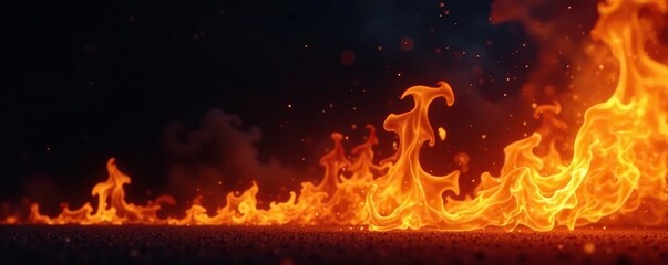Fire element isolated on black background with flames and smoke effect, fire, blaze, intense