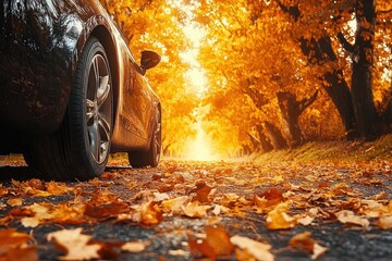 Autumn Leaves Surrounding Car Tire on Sunny Day in Park