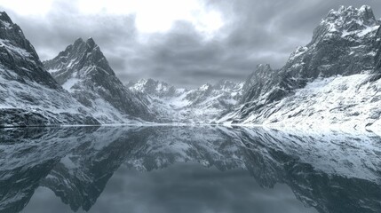 Obraz premium Majestic Mountain Landscape with Snowy Peaks and Calm Reflective Lake in Monochrome Atmosphere