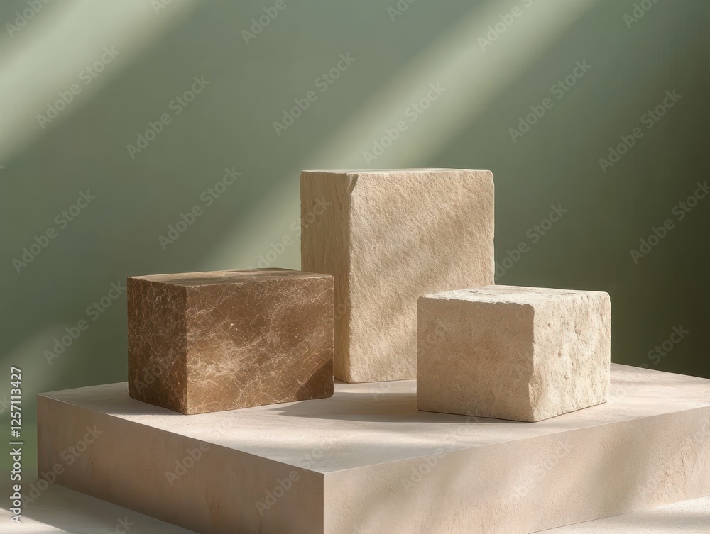 Poster Minimalist still life scene with three textured blocks on soft beige surface and muted green backdrop for product display