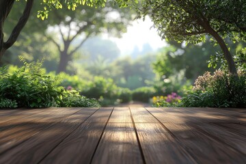 Fototapeta premium Wooden floor displaying lush green garden with sunlight
